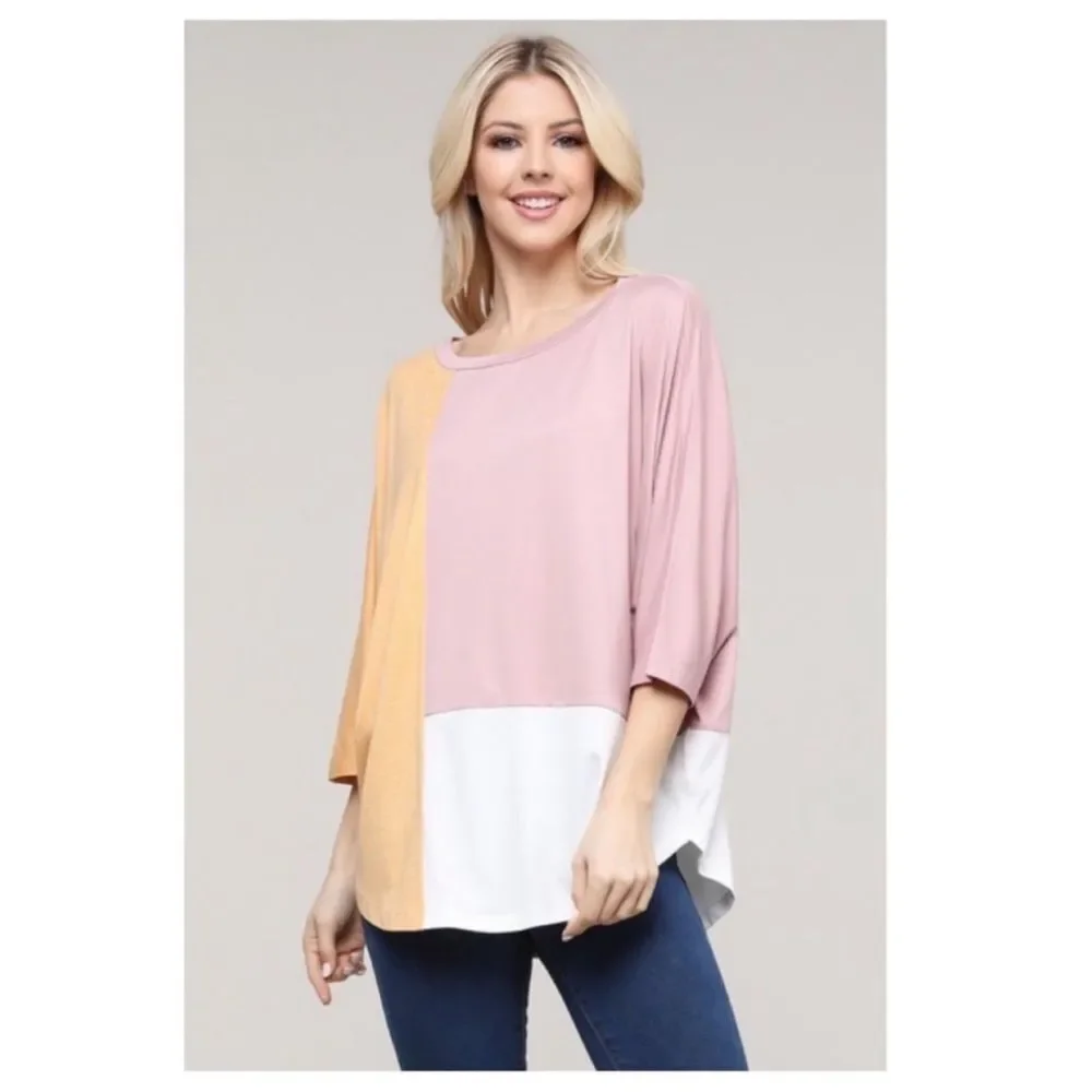 Color Block 3/4 Length Sleeve Scoop Neck Top | Pink / Peach / White - Picture 6 of 6